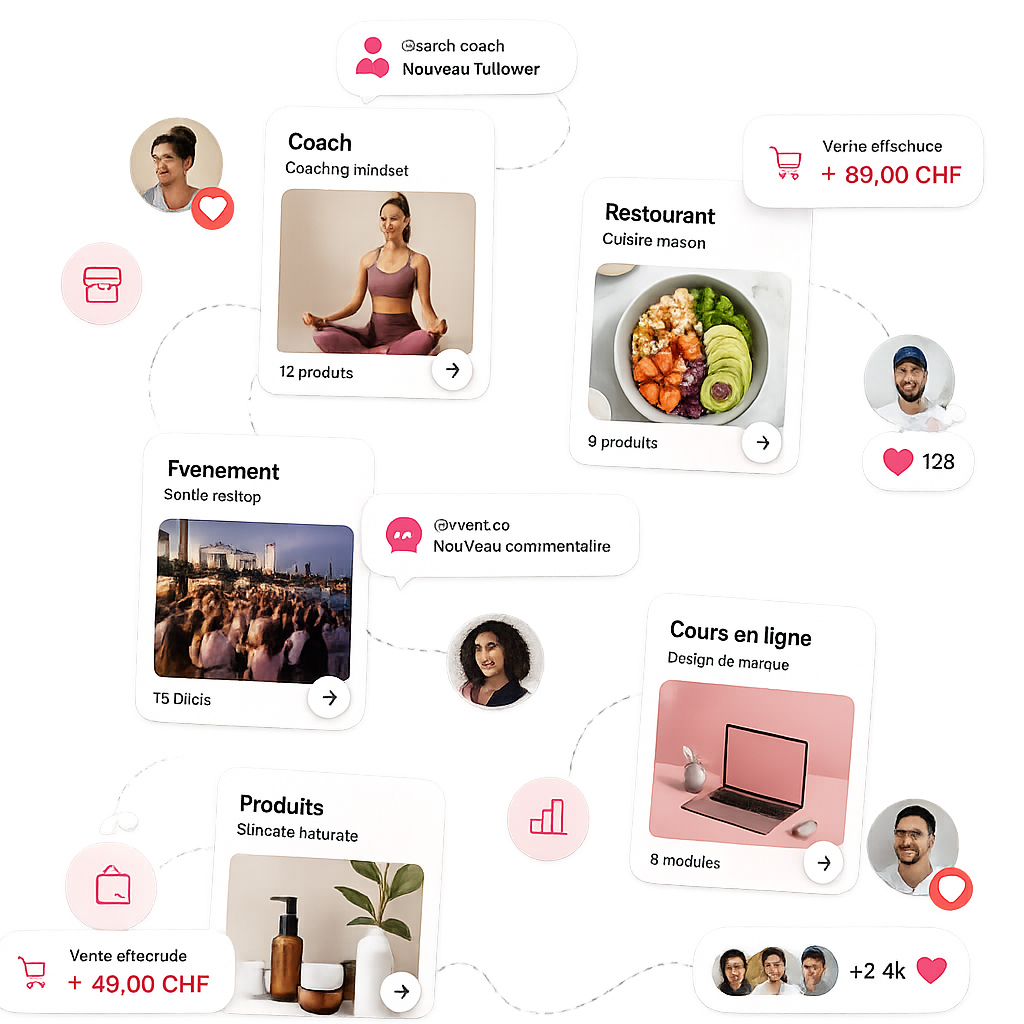 Aperçu de cartes de vente MOPSEE : coaching, restaurant, événement, cours en ligne et céramique, avec notifications de ventes et d’engagement